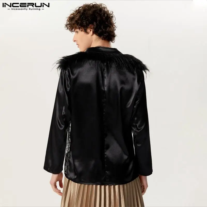 INCERUN 2024 Men Blazer Mesh Plaid Patchwork Lapel Long Sleeve One Button Suits Men Transparent Streetwear Fashion Casual Coats