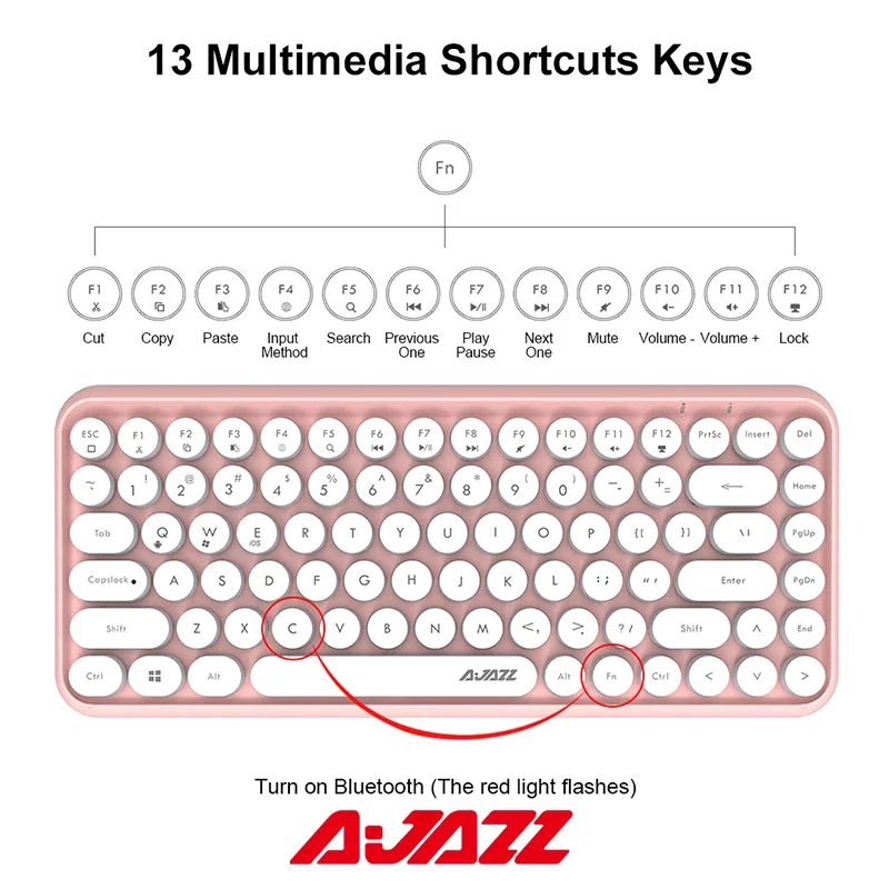 Ajazz 308I Wireless Bluetooth Keyboard 84 Keys Multi-Device Portable Keyboard Retro Typewriter Round Keycaps for IOS Android Win