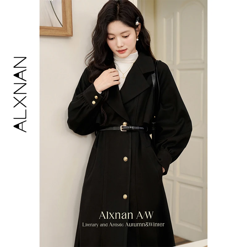 

ALXNAN Women's Black Mid-Length Trench Coat Winter Elegant High-End Casual Jackets Waist-Tailored Outerwear Female 2025 L50905