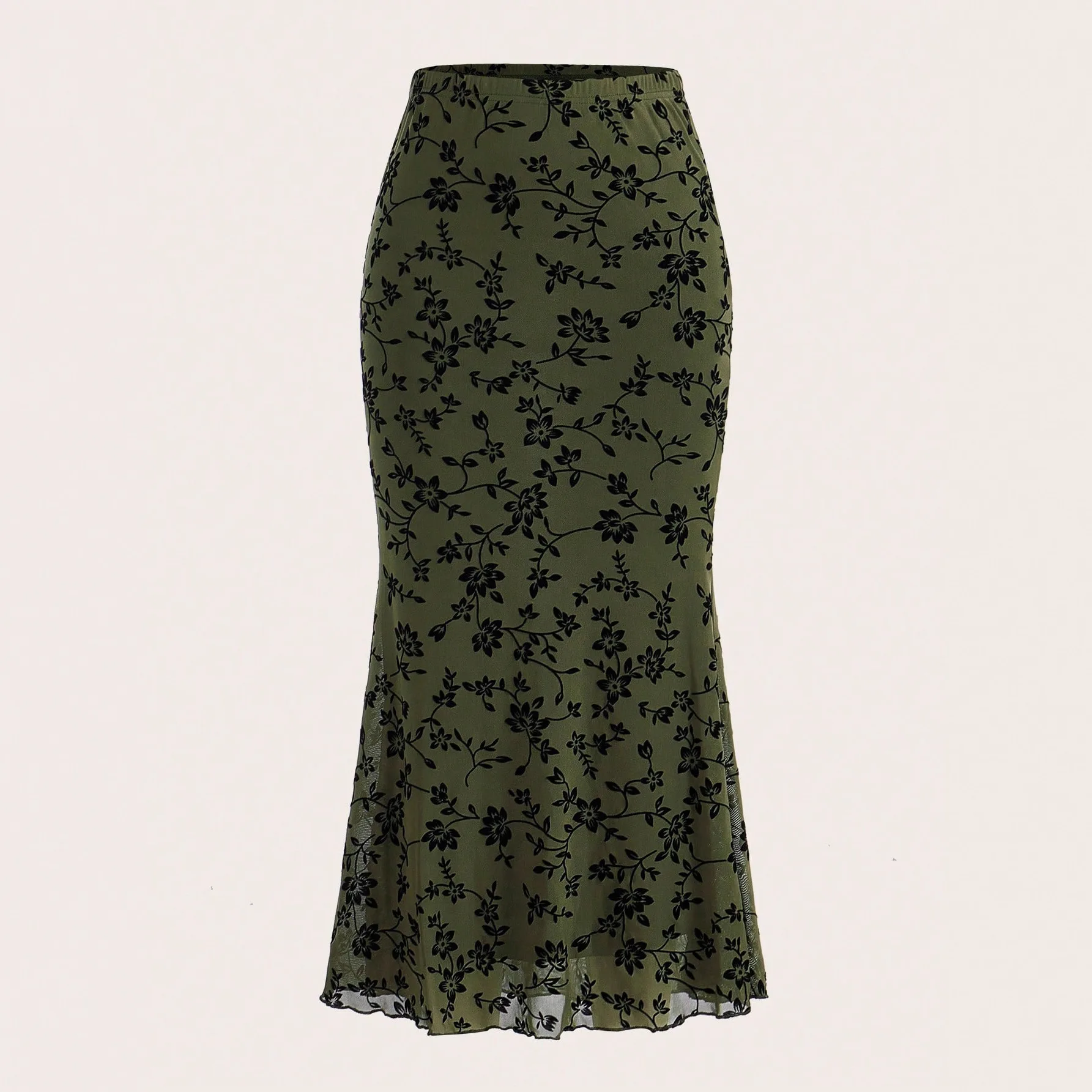 2025 Autumn New Dark Green Floral Half-body Fishtail Skirt Casual Versatile Outline Graceful Posture Women's Clothing Cw90225