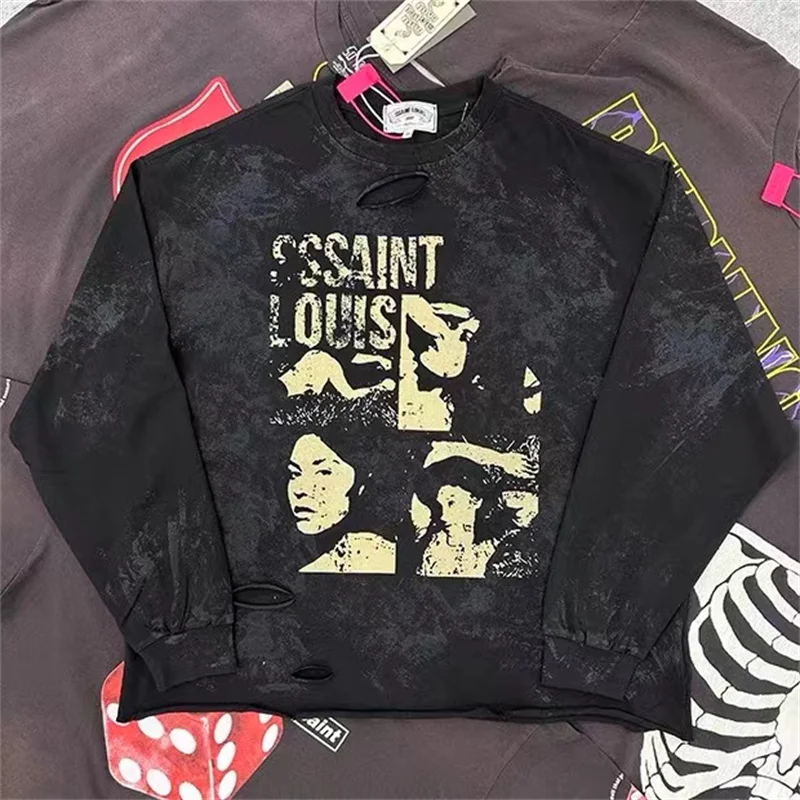 Street Hip Hop Fashion Pattern Print T-Shirt Long Sleeve Vintage Loose Men Women Best Quality Washed Cotton Tops T Shirt