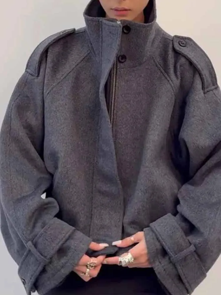 BKQU Casual Giacca di lana solida Donna Colletto allentato con cerniera Manica intera Cappotti corti Donna 2025 Autunno Retro Street Outwears
