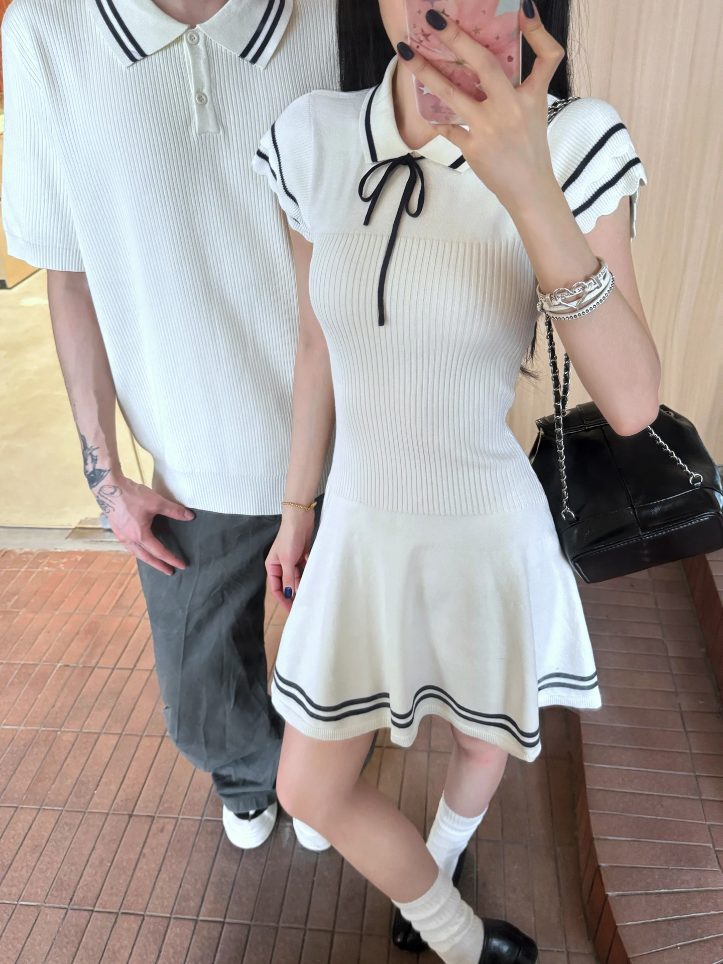 Korean Style College Couple Summer Short Sleeve  Neck T-Shirt Dress Knitted Dress  Skirt Slimming Effect