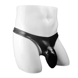 Tanga con bolsa para bulto para hombre, ropa interior de piel sintética con parte trasera en T, aspecto húmedo, bragas, ropa interior íntima para discoteca