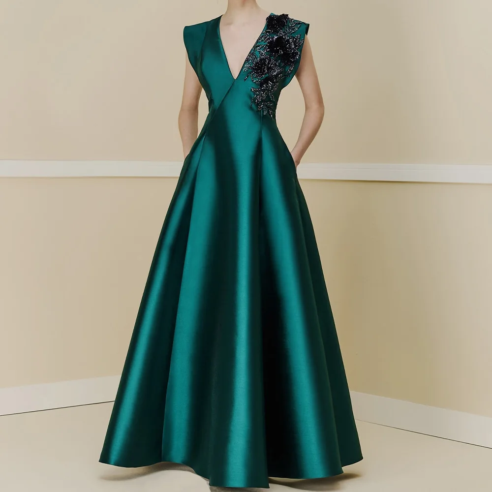 

V Neck A-Line Sleeveless Satin Floor Length Zipper Back Applique Ruffles Sweep Train Exquisite Evening Dress For Formal Occasion