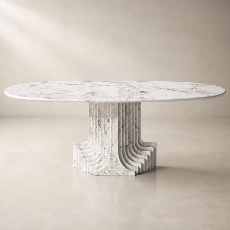 Marble oval dining table with carved layered base for home furniture, residential and commercial spaces