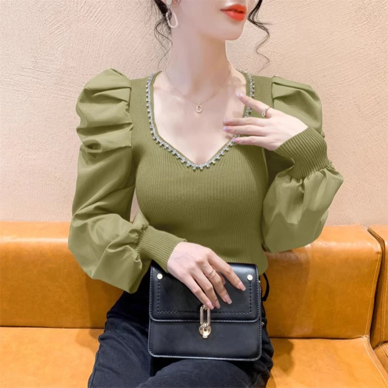 V Neck Knitting Slim Short Pullovers Top Autumn Winter New Long Sleeve Solid Color Youth Swetry Moda Elegancka Odzież Damska