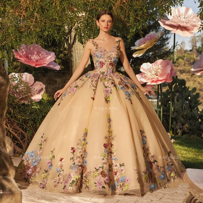 Khaki Glitter Princess Ball Gowns Quinceanera Dresses 2024 Off Shoulder Luxury Floral Embroidered Beaded Applique Prom Lace up