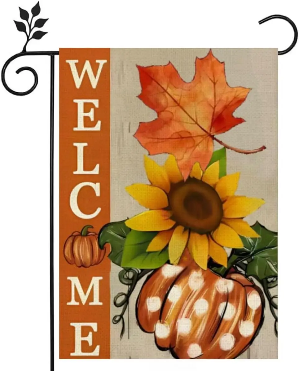 Welcome Garden Flag 12x18 inch Duplex Burlap Pumpkin Maple Leaf Daisies Outdoor Yard Autumn Garden Flag Decoration -A IIX WZ yyi