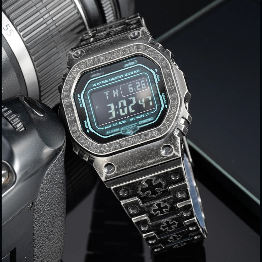 حافظة + حزام لسلسلة DW-5600 5000 5030 5025 5035 / GB-5600 GWX-5600 GW-B5600 مجموعة من الفولاذ المقاوم للصدأ بنمط المهرج الأسود المعدل