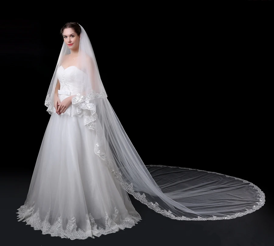 Neue Ankunft Weiß Elfenbein Spitze Rand Hochzeit schleier Zwei schichten Braut schleier für frauen hochzeit zubehör Velos de novia Braut schleier