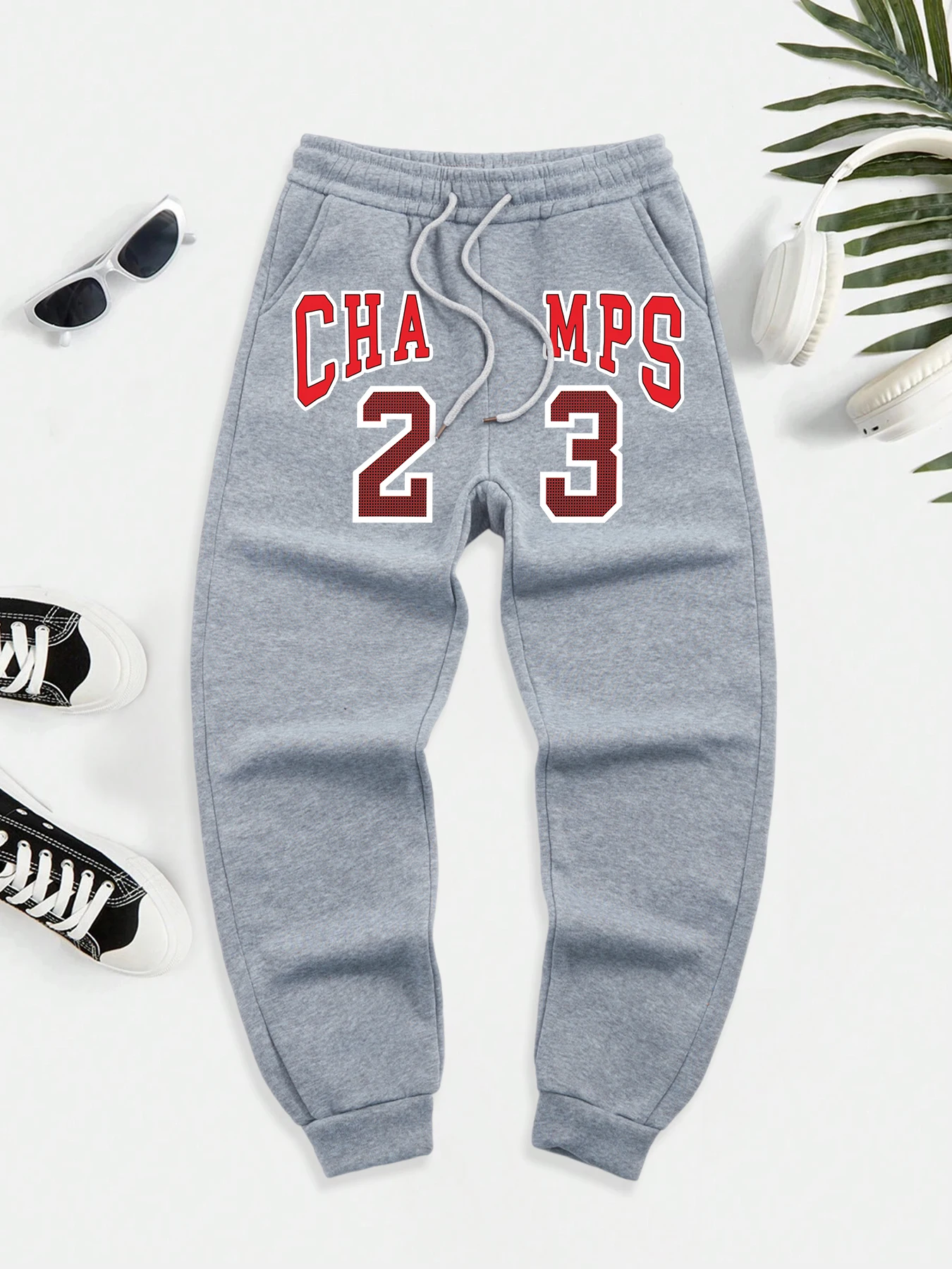 

Champs Number 23 Prints Men Casual Soft Pant Fleece Pocket Trousers Autumn Trendy Britches Street Elastic Waist Sportpants