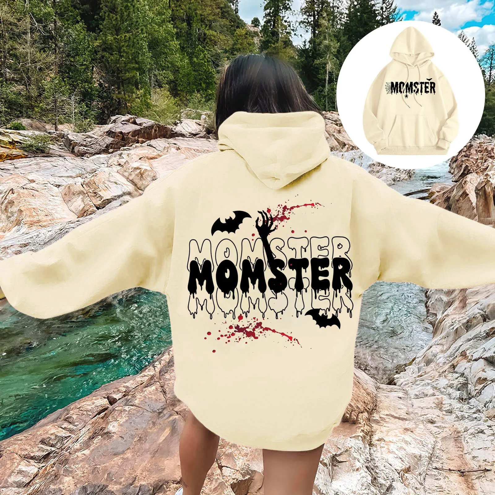 

Oversized MOMSTER Letter Bat Double-Sided Printed Ladies Halloween Hoodie Solid Color Loose Comfortable Casual Warm Jumper