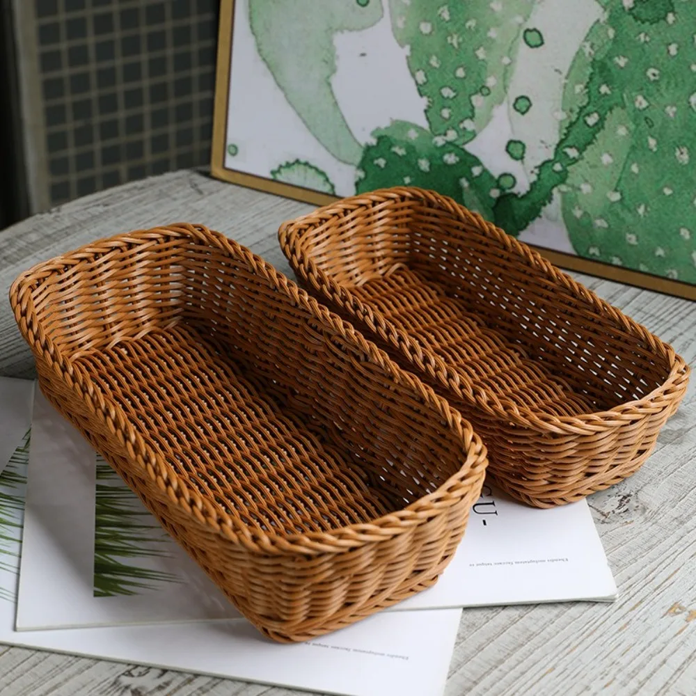 Imitation Rattan Storage Basket Faux Wicker Tray Plastic Picnic Basket Bread Food Plate Fruit Box Desk Decoration