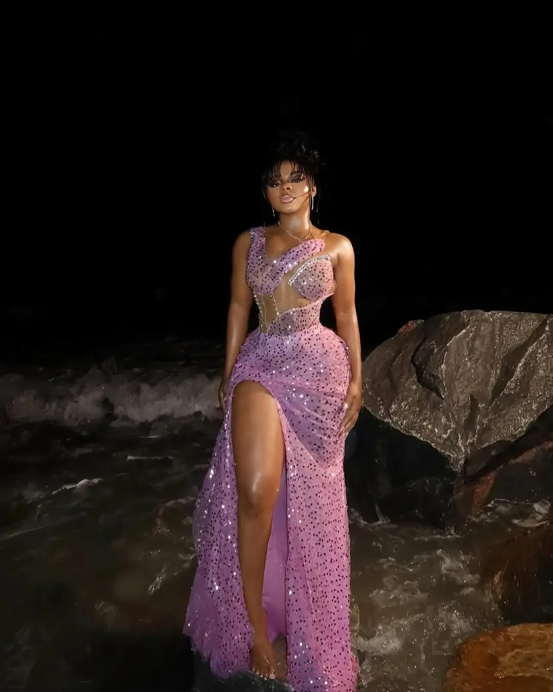 

Sexy Sequins Long Evening Dresses Sexy Sheer Mesh High Slit Mermaid Party Gowns Sequined Illusion African Women Prom Dress