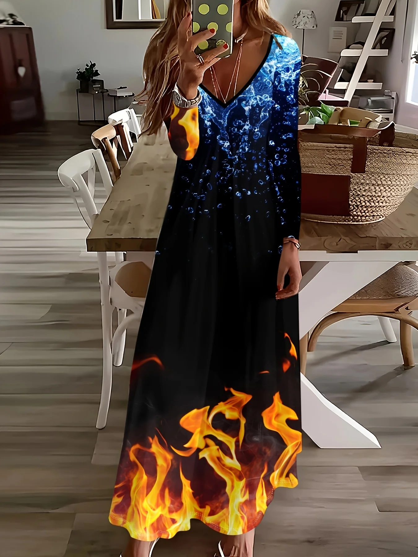 Damen Langarm-Kleid mit V-Ausschnitt im Urlaubsstil mit Galaxie-Flammen-Print Elegantes Fließendes Midi-Kleid Sommerliches Casual-Party-Outfit