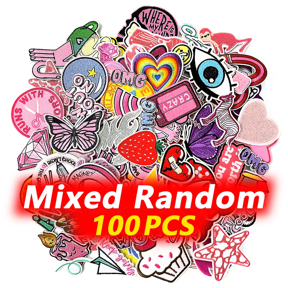 100Pcs Random Mix Iron on Patches for Clothing Decoration Embroidery Decorative Cloth Applique Supplies Patch Hat Girl Pink