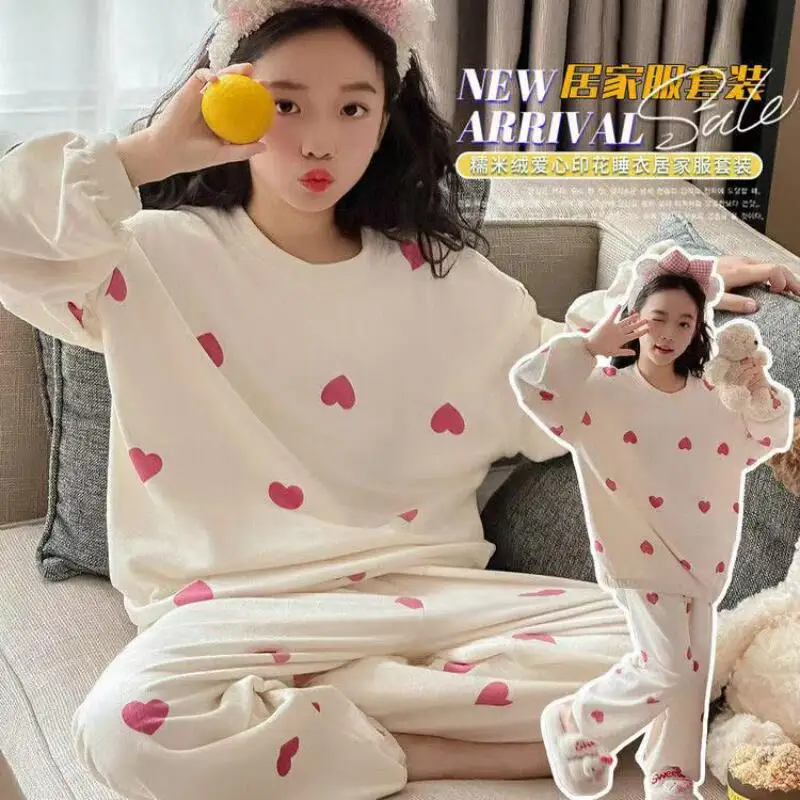 

Kawaii модный пижамный комплект для девочек, студенческий зимний повседневный топ на флисовой подкладке с круглым вырезом, длинные штаны, комплект из 2 предметов, детская одежда