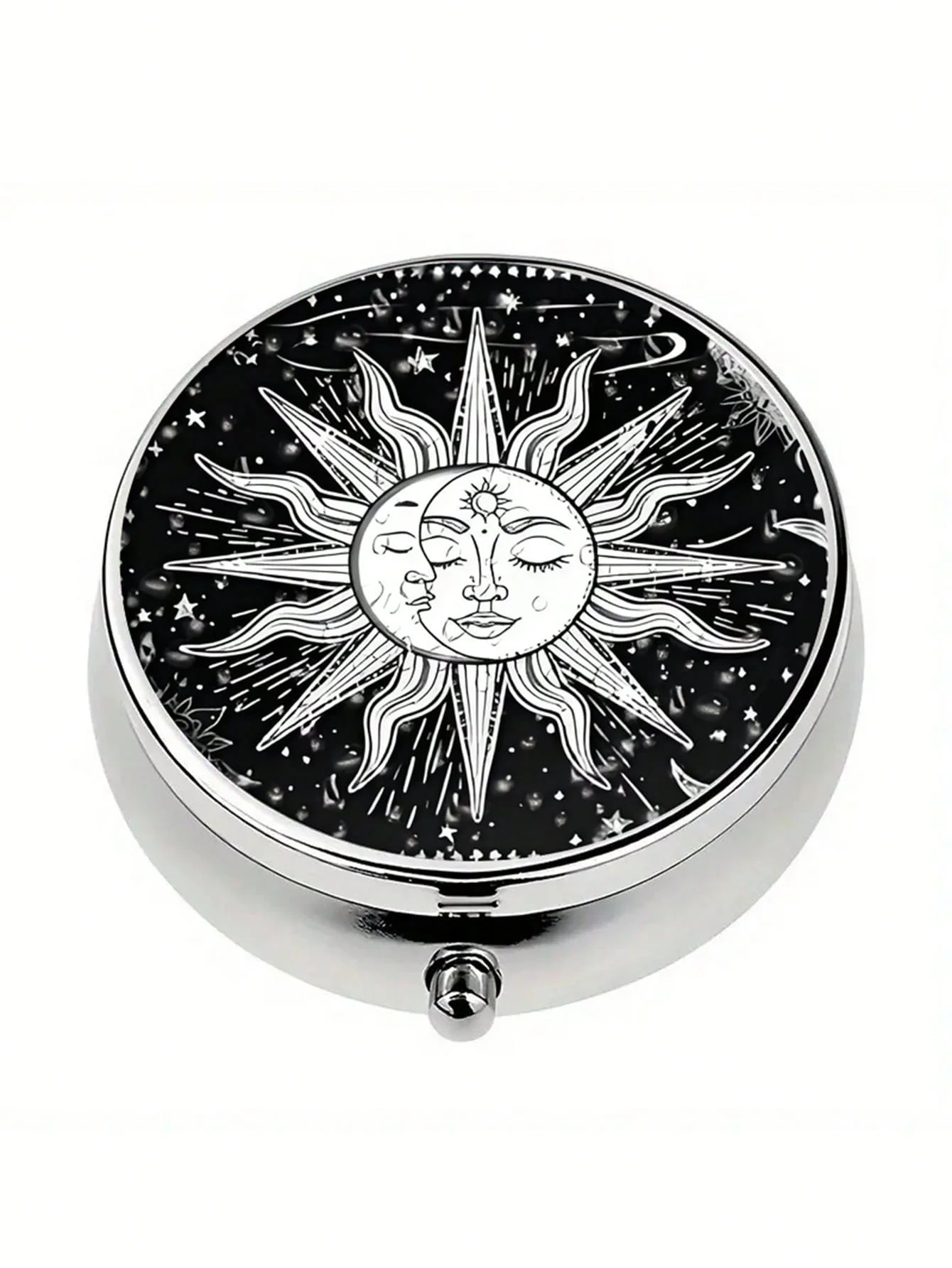 Three-Compartment Portable Pill Box, Decorative Metal Vitamin Storage Box, Gift (Unique Sun and Moon Pattern)