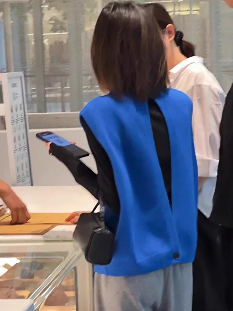 

Klein Blue Knitted Hollow out Sweater Vest Women's Autumn Winter Design Sense Aosphere Trendy Layered Wear Overhead Top
