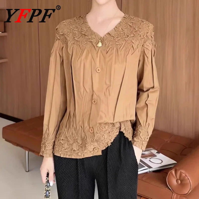 

YFPF 2026 New Women's Shirt Pleated Design V Neck Long Sleeve Solid Color V Neck Casual Blouse Fashion Spring Clothing