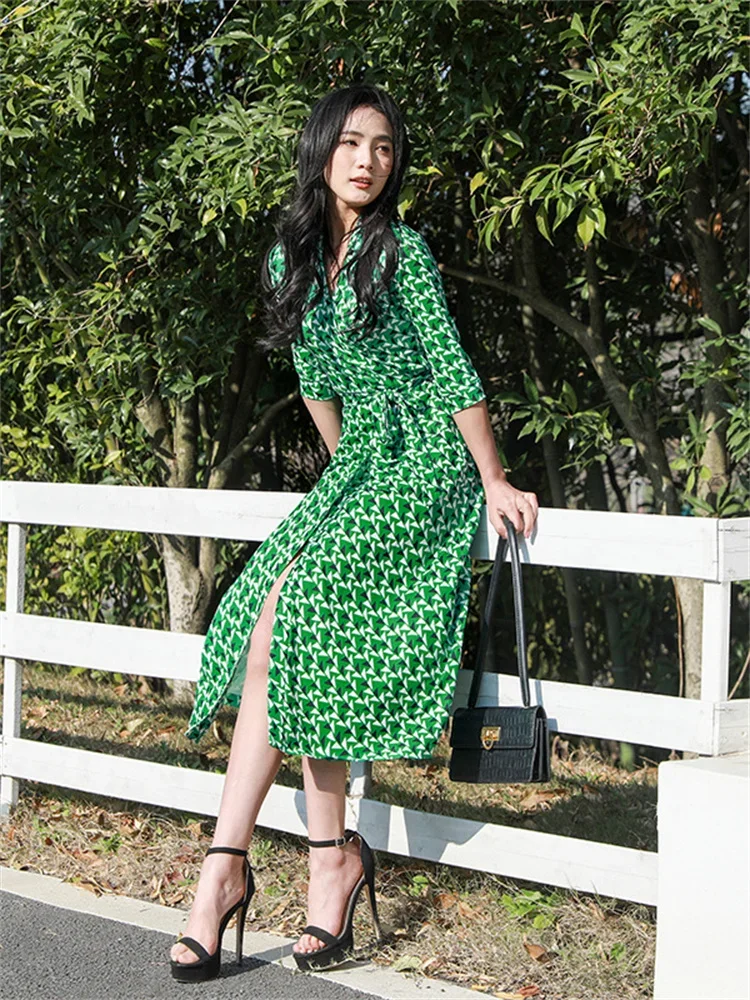 

Women Slim Waist Fitting Contrast Color Print Dresses Female Green Wrapped Holiday Dress for Spring Summer