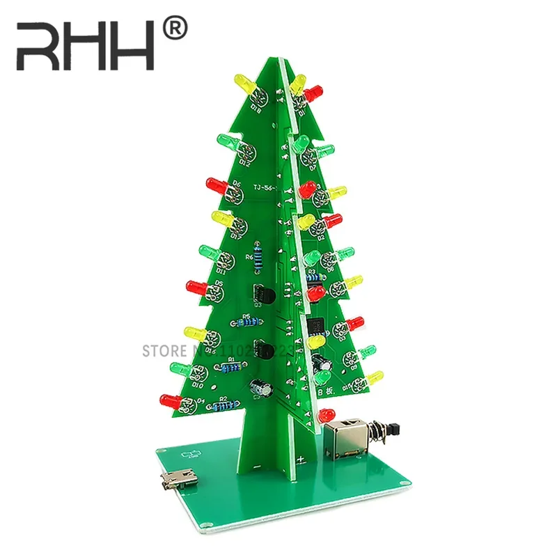 Three-Dimensional 3D Colorful Christmas Tree DIY Kit Red/Green/Yellow 3 Colors LED Water Lamp Flash Circuit Electronic Fun Suite