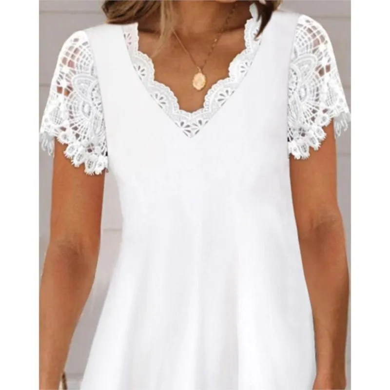 Summer New Solid Color Lace Short Sleeved V-neck Women's Dress Elegant White Loose Fitting A-line Dress Vestidos De Mujer Casual