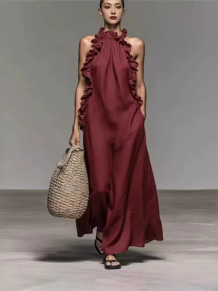 Halterneck mouwloze jurk met ruches Zomer dames effen kleur casual losse lange jurk met zakken Платье Женское Ropa Mujer - afbeelding 2