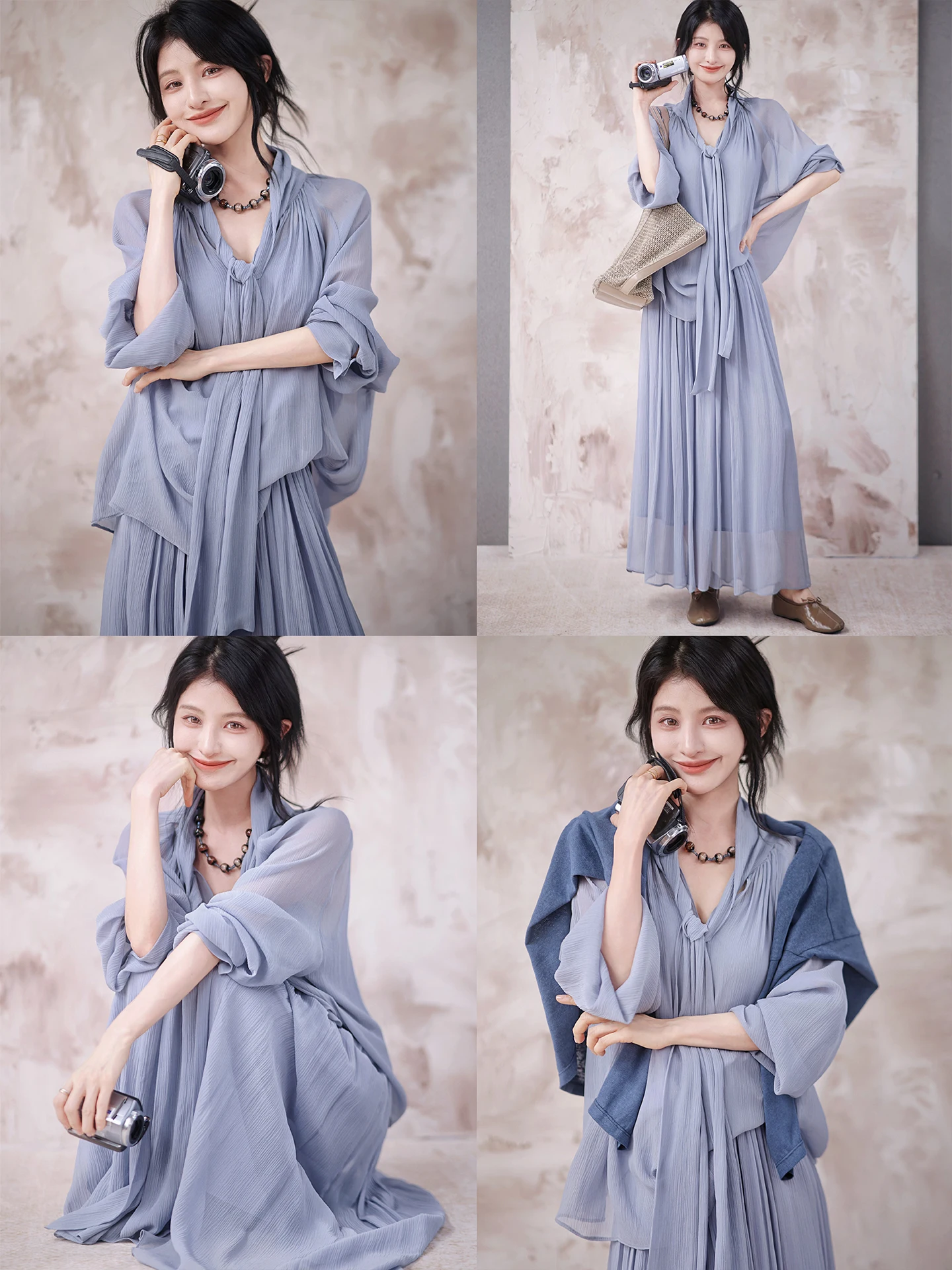 

Шелковый комплект ZhaodaXi: женское синее элегантное платье-рубашка с юбкой, мягкое шелковое платье, офисный стиль, рубашка с длинным рукавом