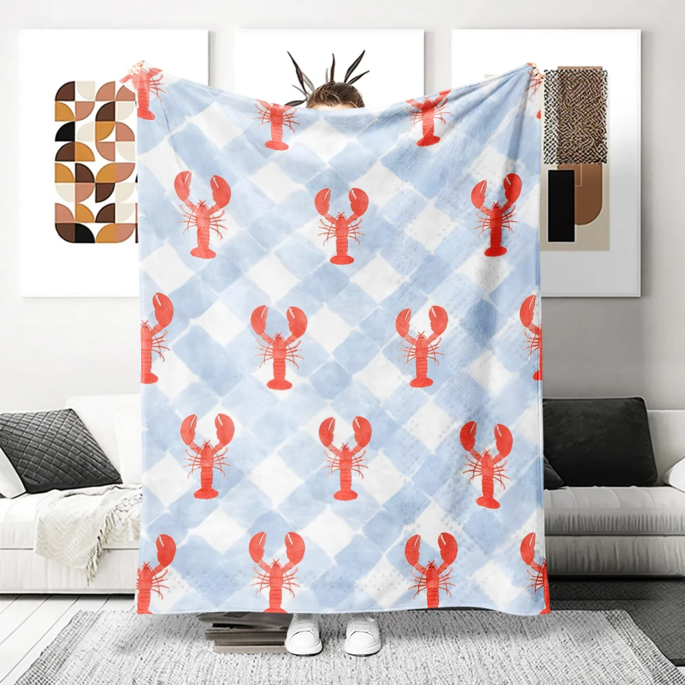 Blue Checker Red Lobsters Flannel Blanket Cartoon Printed Throw Blanket for Kids Adults Soft Plush Bed Sofa Cover Gift