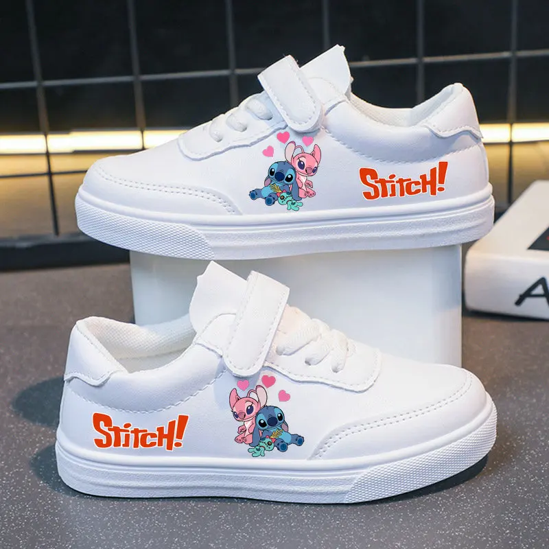 Disney Stitch White Casual Sneakers para crianças, tênis de anjo bonito, calçados esportivos infantis, cesta de ponto, casal, tamanho 26-37