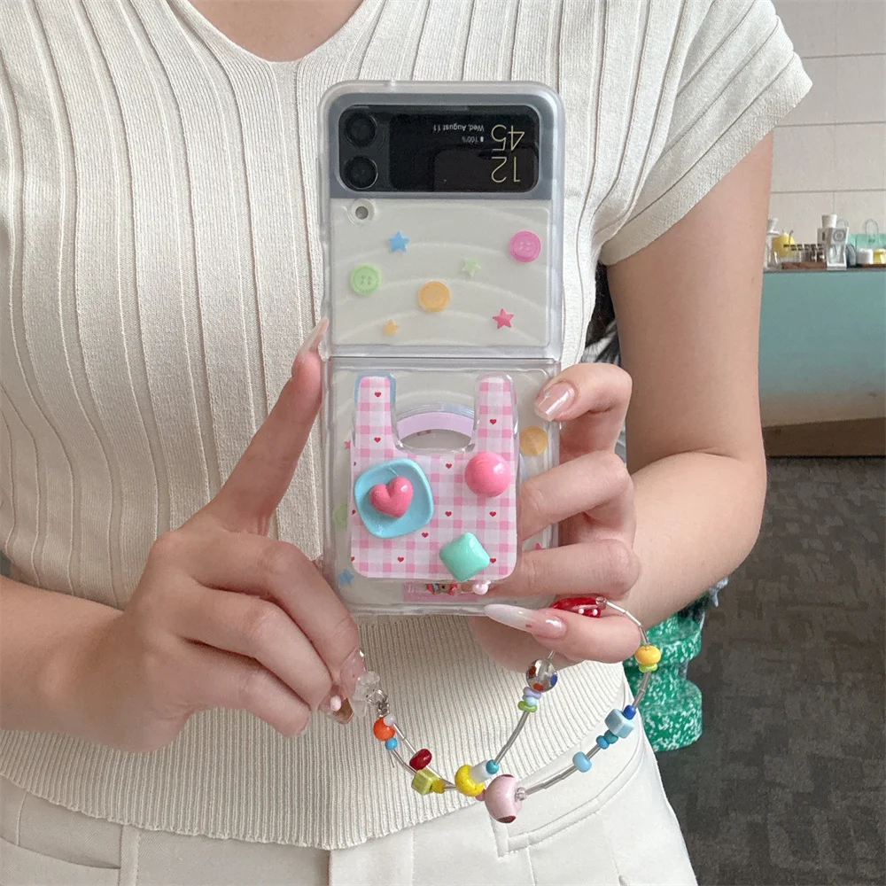 

Korean INS Cute Stars Plaid Pattern Magnetic Holder Phone Case for Samsung Galaxy Z Flip 7 6 5 4 3 Flip6 Flip7 Cover With Chain