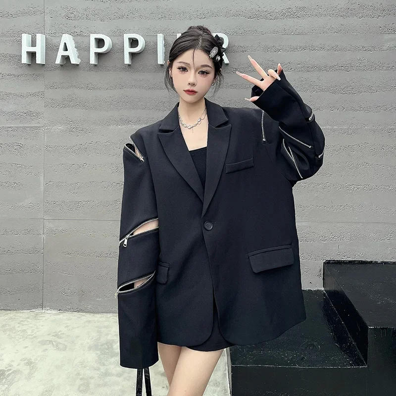 High Street Harajuku Suit Jacket with Multi Zipper Up Women Man Long Sleeves Loose Fit Outfit fall autumn gothic blazercoats y2k