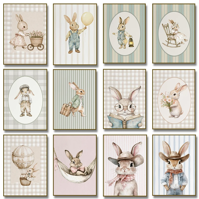 1pc Frameless Cute Rabbit Reading A Book Illustration Poster Retro Rabbit Canvas Painting Printing Nursery Farmhouse Room Decor