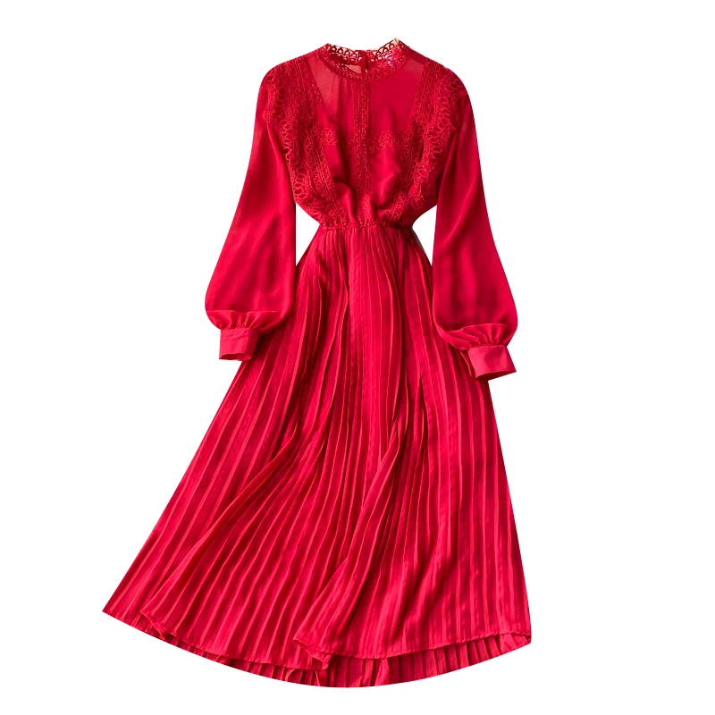 

2023 New Spring Autumn Women Stand Collar Long Sleeve Slim Long Dress High Quality Lace Patchwork Pleated Big Hem Evening Dress