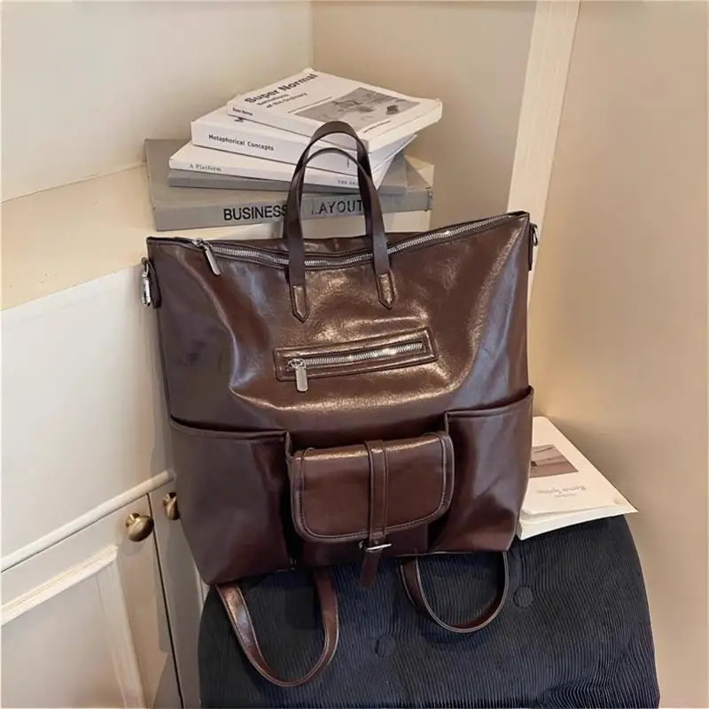 

Женский кожаный рюкзак с маслом и воском с несколькими карманами, брендовая сумка большой вместимости, студенческая практичная сумка на одно плечо