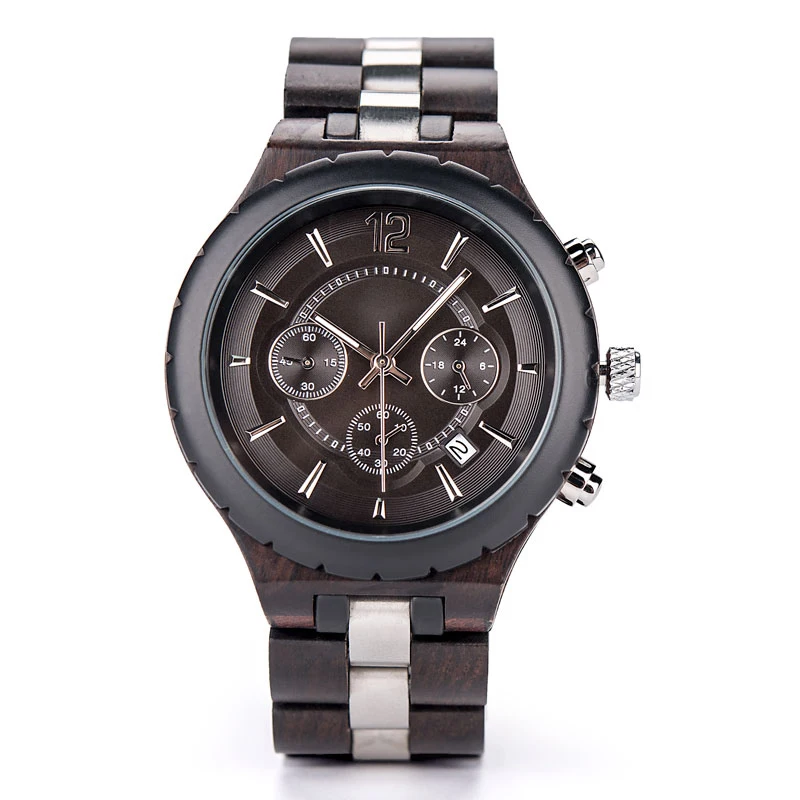 Business Casual Wooden Watch Polished Steel Band Bright Luminous Calendar Delicate Butterfly Clasp