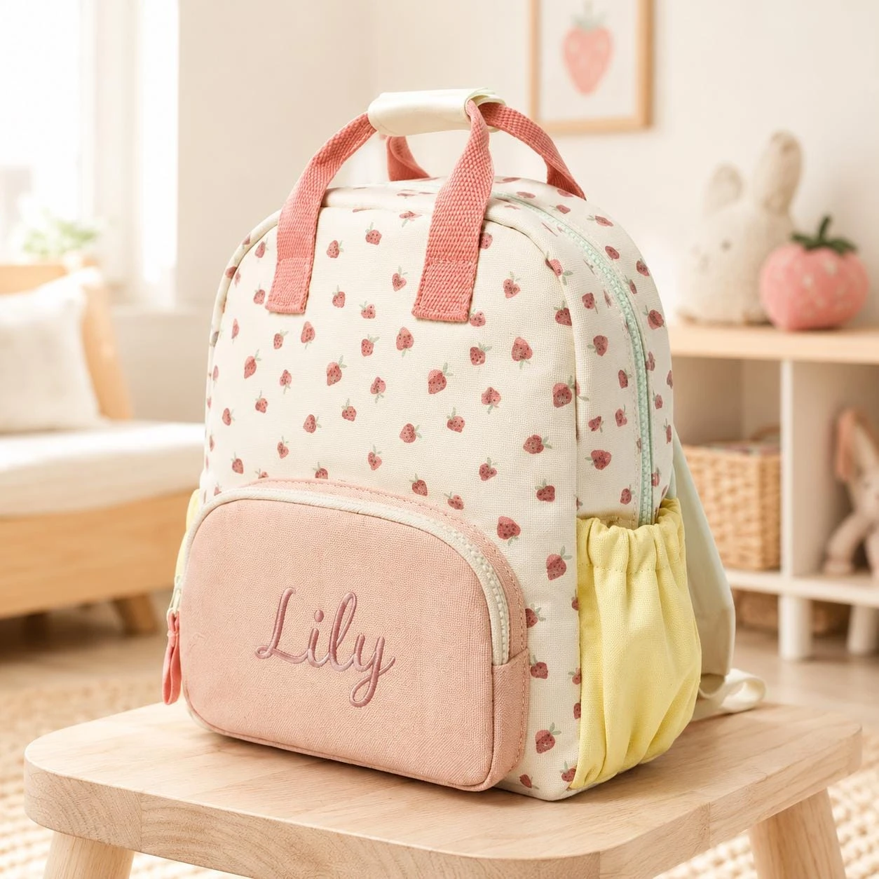 Custom Embroidered Name Canvas Toddler Bag Personalized Fashion Cute Strawberry Backpack Preschool Back to School Gift for Girls