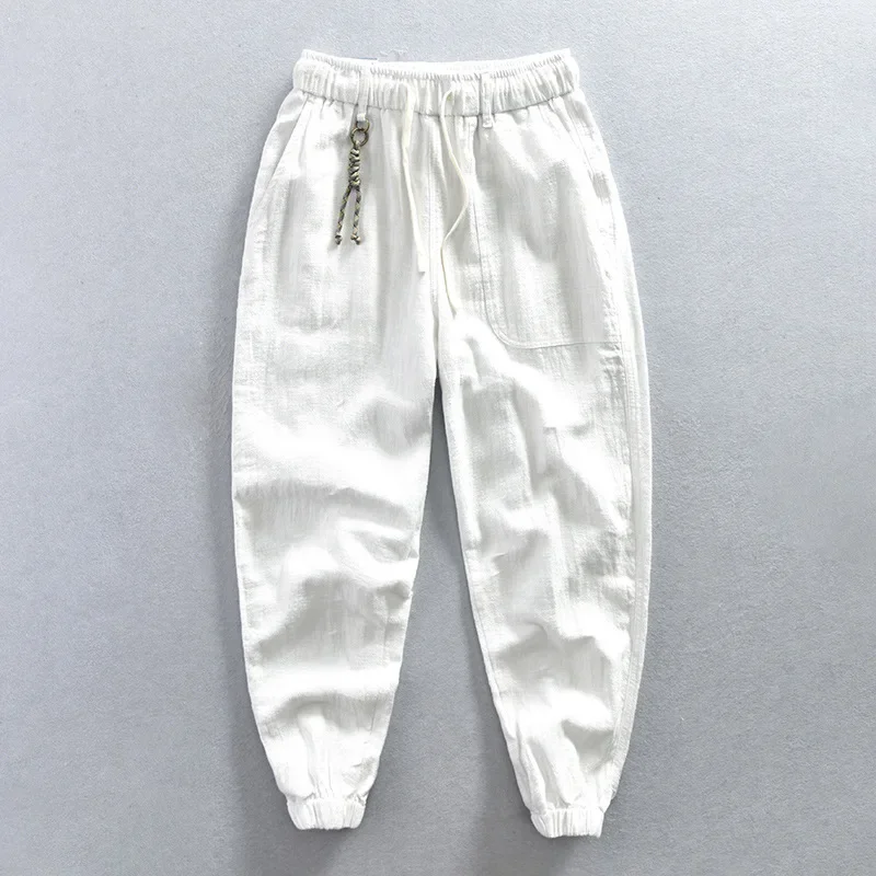 Summer New Cotton Linen Pants Man High Street Cargo Pants Men Casual Drawstring Elastic Waist Pants Japanese Retro Baggy Pants