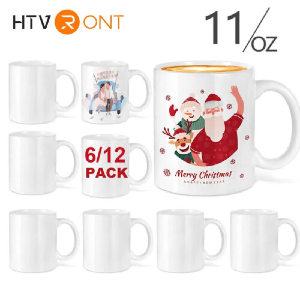 HTVRONT-Tazas de sublimación con asas para Latte, juego de tazas clásicas para beber con papel de sublimación, regalo DIY, paquete de 6/12, 11OZ