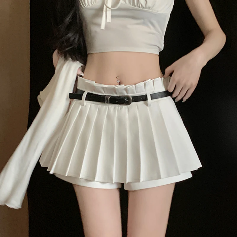 Women\'s Half Skirt With Belt High Waist Pleated Skirt Sweet And Spicy Short Style Sexy Slim Hotgirl Streetwear Solid Colour