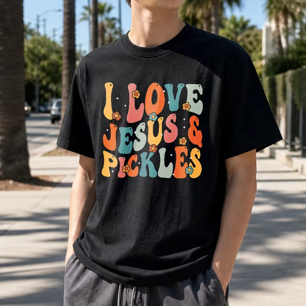 Jesus and Pickles Faith Humor Men Summer Fashion T Shirt Groovy Retro Font Graphic Tee Casual Summer Streetwear Top