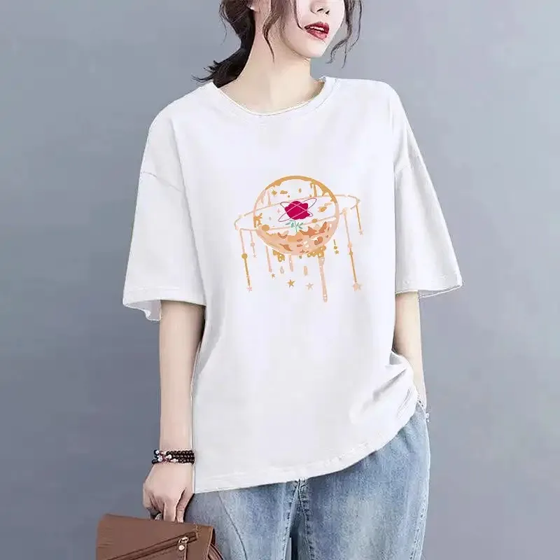 Women's Cartoon Planet Rose Print Green T Shirt Casual Loose Fit Short Sleeve Cotton Tee