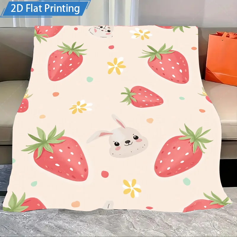 1pc Flannel Blanket Cute Strawberry Bunny Print Blanket Soft Cozy Throw for Kids Bedroom Decor 2D Flat Printing