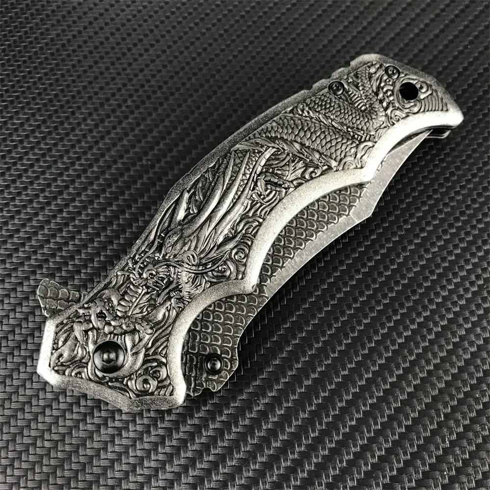 Tactical Dragon Pattern Handle Folding Knife Hunting Collection Gift Knife with Pocket Clip Outdoor Camping EDC Knives