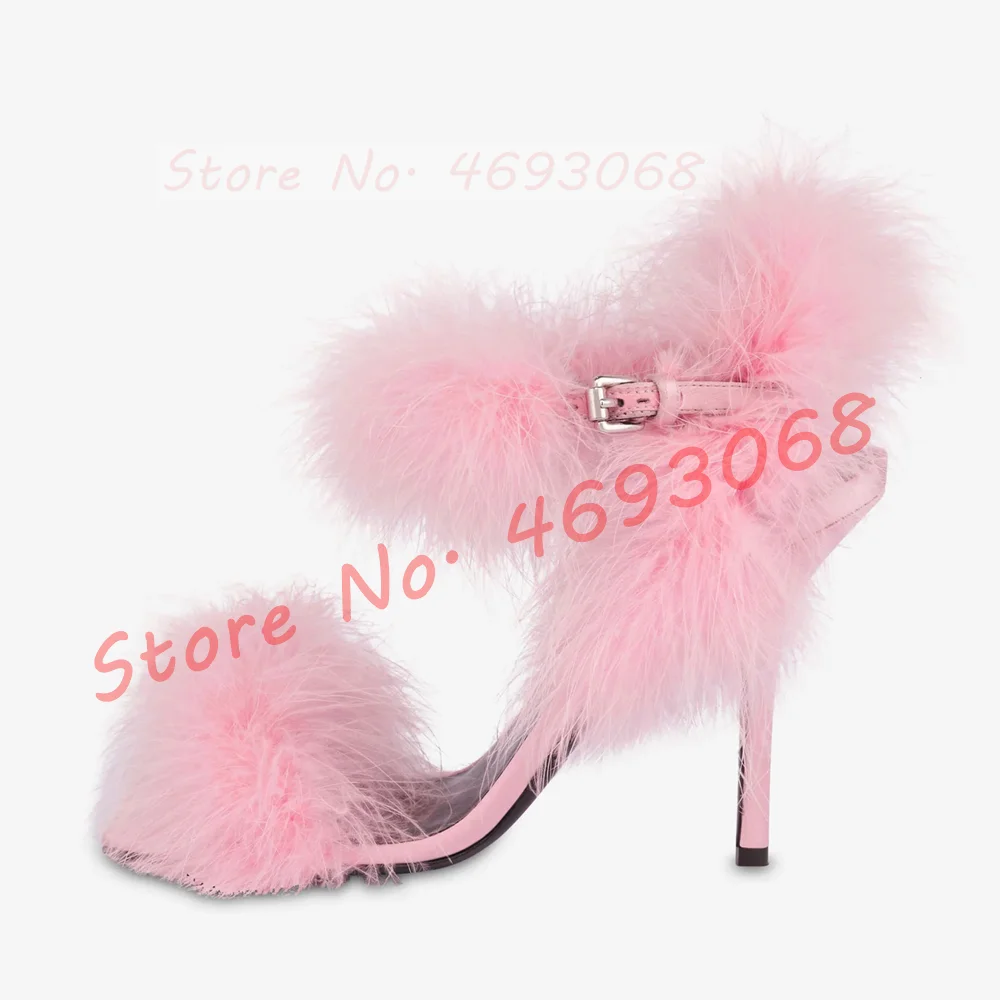 Sweet Pink Feather Satin Sandals Women Lovely Square Toe Fluffy High Heels Party Ankle Wrap Shoes Stiletto Heels Flowing Sandals