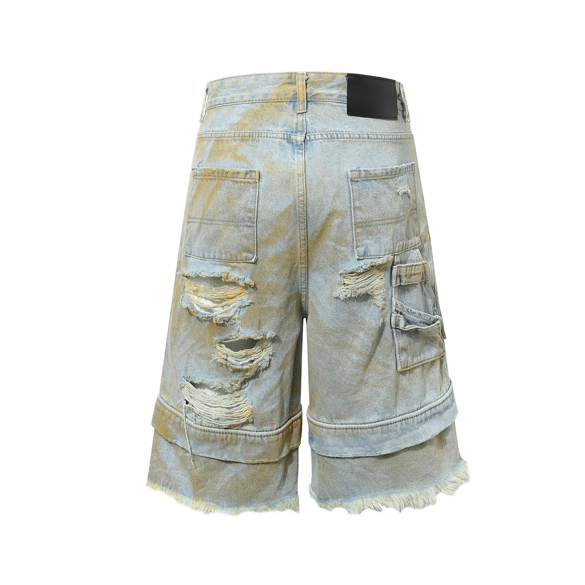 Men's Vintage Washed Distressed Ripped Denim Cargo Shorts Double Waist Baggy Wide Leg Shorts Streetwear Casual Summer Short Pant