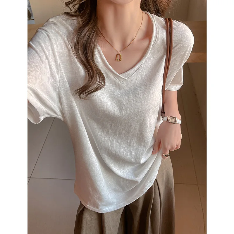 Summer V-neck T-shirt Snowflake Cotton Wind Loose Shoulder Short-sleeved Women's Version Versatile Solid Color Casual Basic Top
