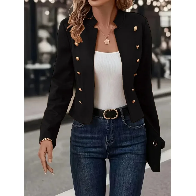 Women's Cropped Blazer Double Breasted Gold Button Detail Stand Collar Jacket For Casual Office Street Style Wear